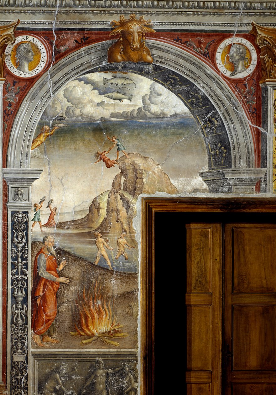 Stjernetegn: "" Fiskene"" Topmedaljoner med portrætter af kejser Caracalla og hans bror Geta. Nedenfor, legende forbundet med fødslen af stjernebilledet svarende til tegnet: scene de peche. Fresco tilskrevet Giovanni Maria Falcon af Giovanni Maria Falconetto