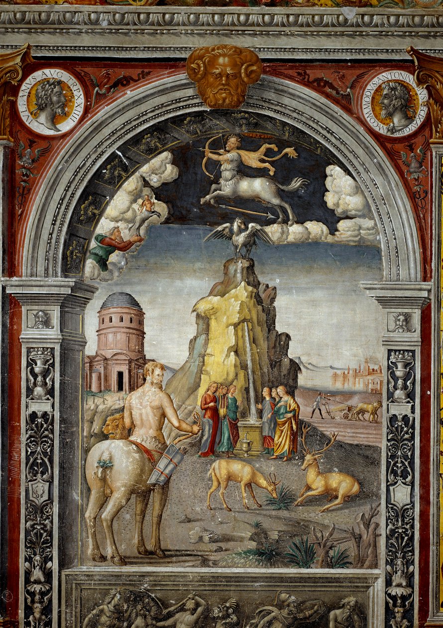 Stjernetegn: "" Skytten"" På toppen medaljoner med portrætter af kejserne Didius Julianus og Commodus. Nedenfor, legende forbundet med fødslen af stjernebilledet svarende til tegnet: udsigt over Mount Helicon med springvandene Aganippe a af Giovanni Maria Falconetto