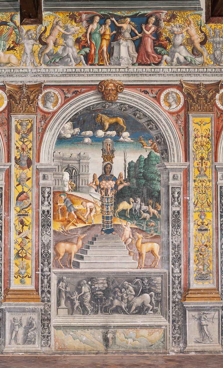 Løvens astrologiske tegn med Diana, to hjorte og en satyr som på en sarkofag i Bleinhaim Palac; i baggrunden Arco degli Argentari i Rom og Hercules kæmper mod Nemean-løven, Zodiackammeret (Camera dello Zodiaco) af Giovanni Maria Falconetto