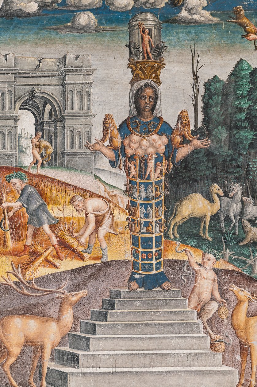 Løvens astrologiske tegn med Diana, to hjorte og en satyr som på en sarkofag i Bleinhaim Palace; i baggrunden Arco degli Argentari i Rom og Hercules, der kæmper mod Nemean-løven, Zodiakkammeret (Camera dello Zodiaco), detaljer af Giovanni Maria Falconetto