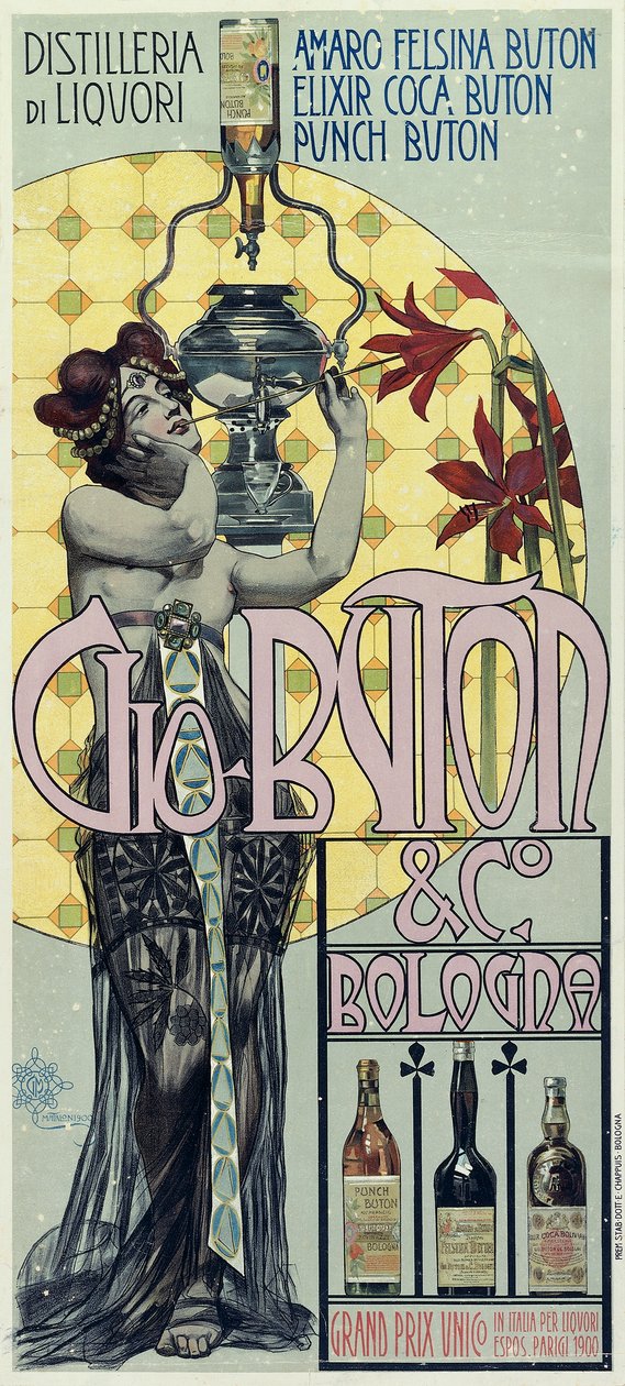 Reklameplakat for spiritusdestilleriet Gio Buton og C Bologna af Giovanni Maria Mataloni