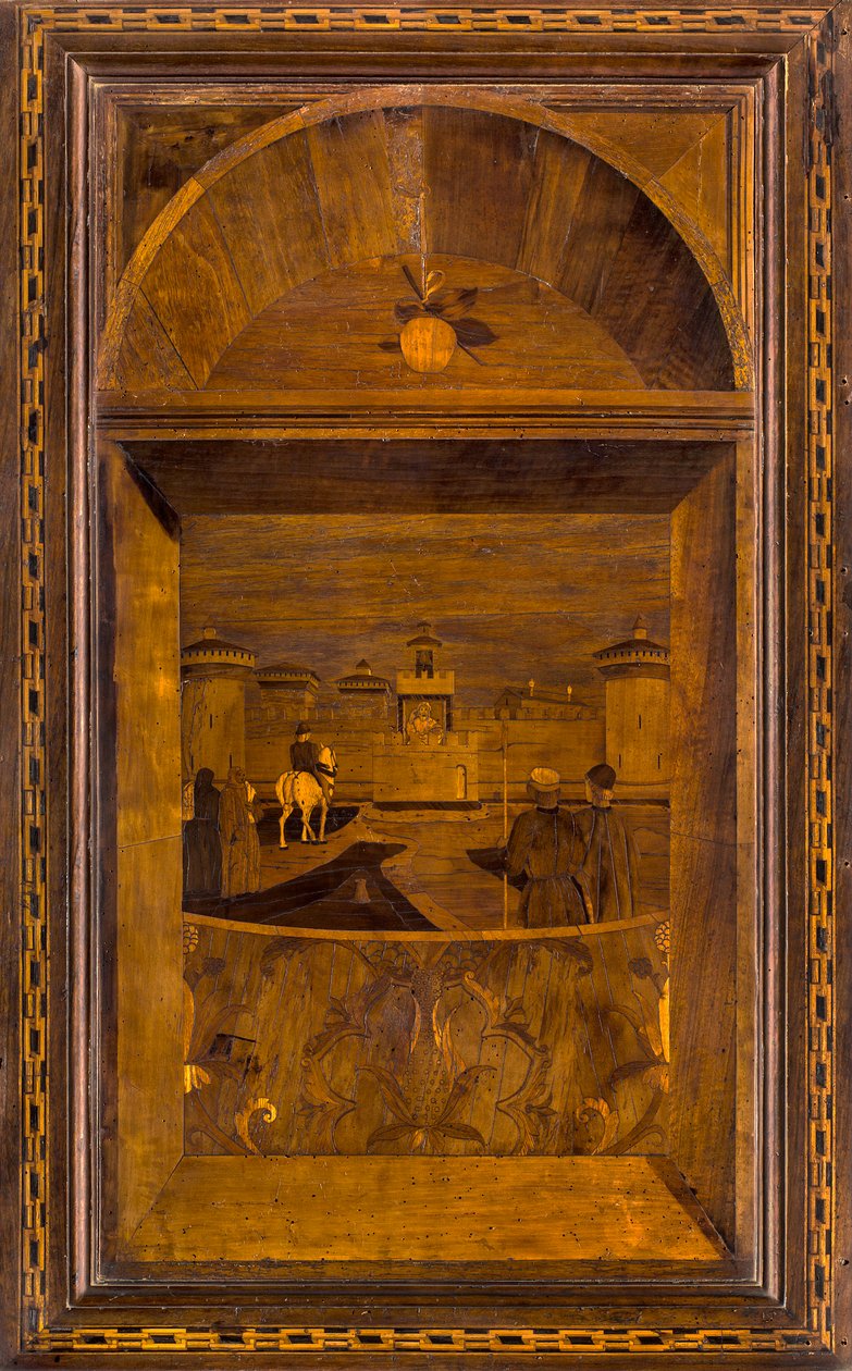 Lignaean Canonical Choir, indlagt af Giovanni Maria Platina 1484, Superior Stallo, Udsigt over Sforzesco Slot i Milano af Giovanni Maria Platina