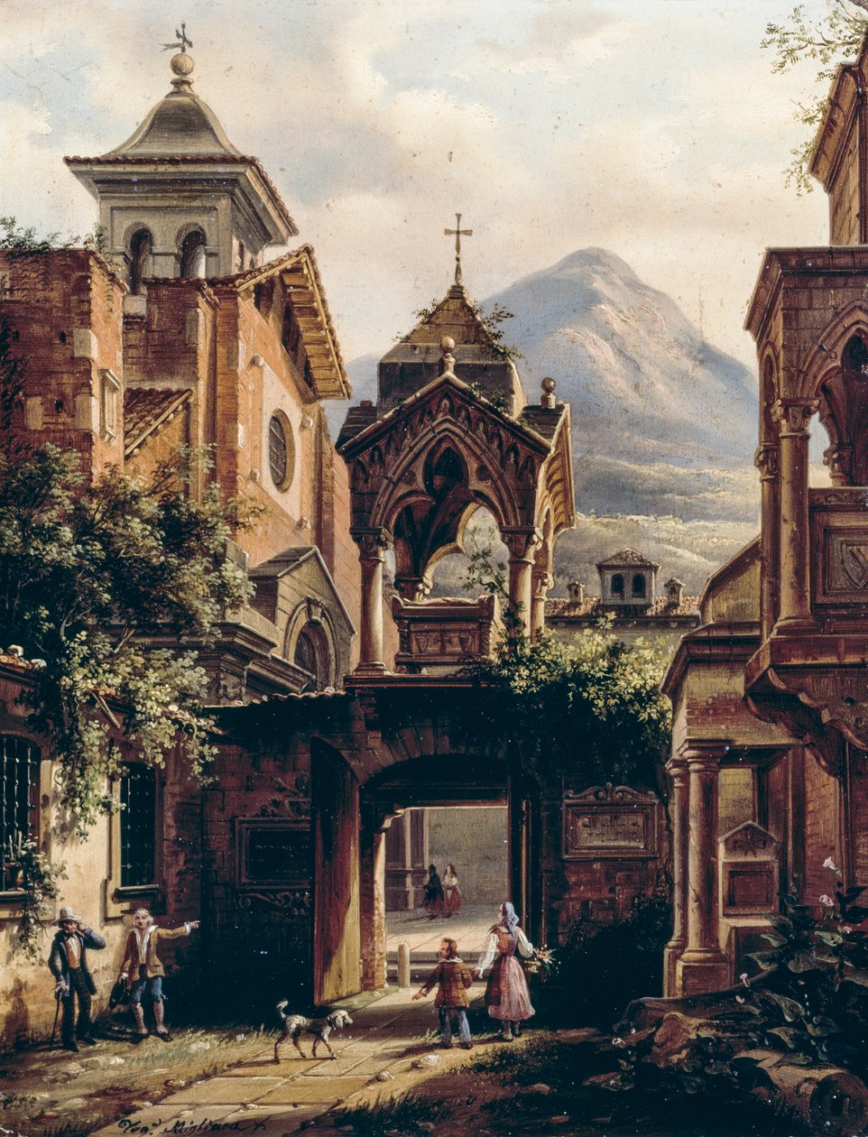 Ydre af gammelt kloster med personer, af Giovanni Migliara (1785-1837) (signeret Teodolinda Migliara), olie på bord af Giovanni Migliara