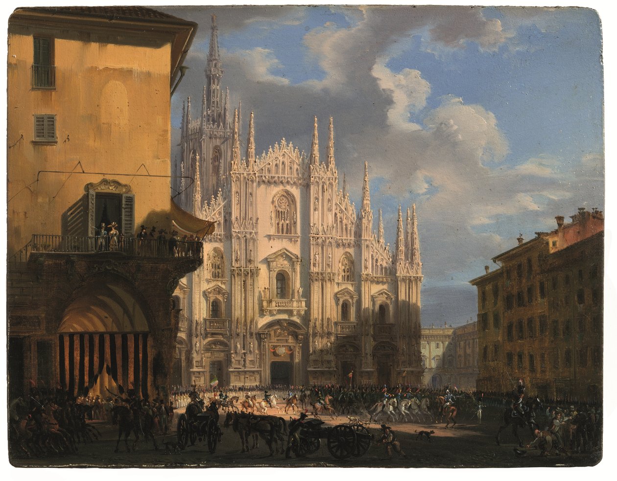 Udsigt over Piazza Duomo med den overdækkede dei Figini og Isolate del Rebecchino, Milano (olie på panel) af Giovanni Migliara