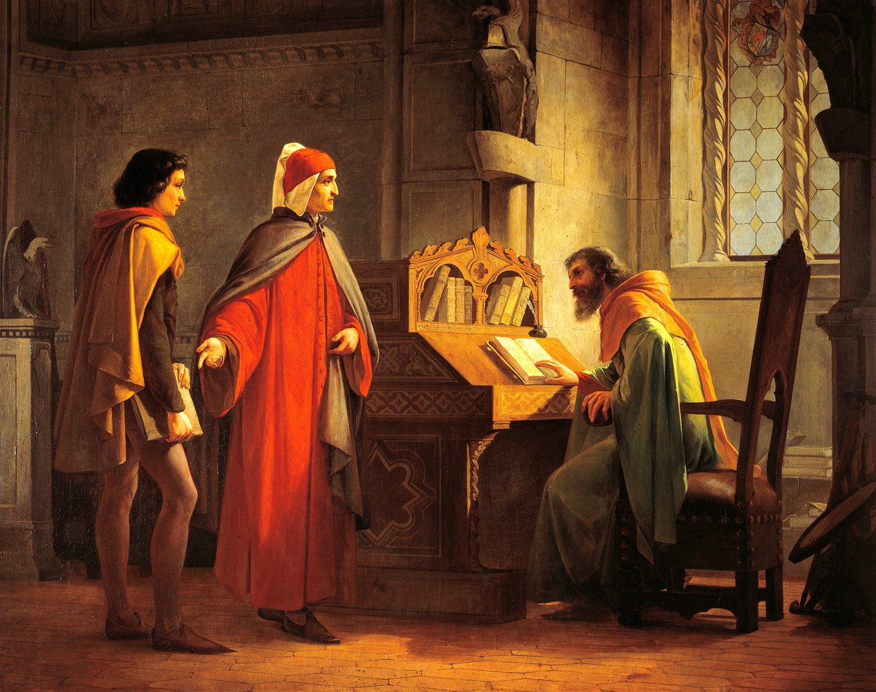 Dante Alighieri (1265-1321) præsenterer Giotto til Guido da Polenta, af Giovanni Mochi (1829-1892), olie ombord af Giovanni Mochi