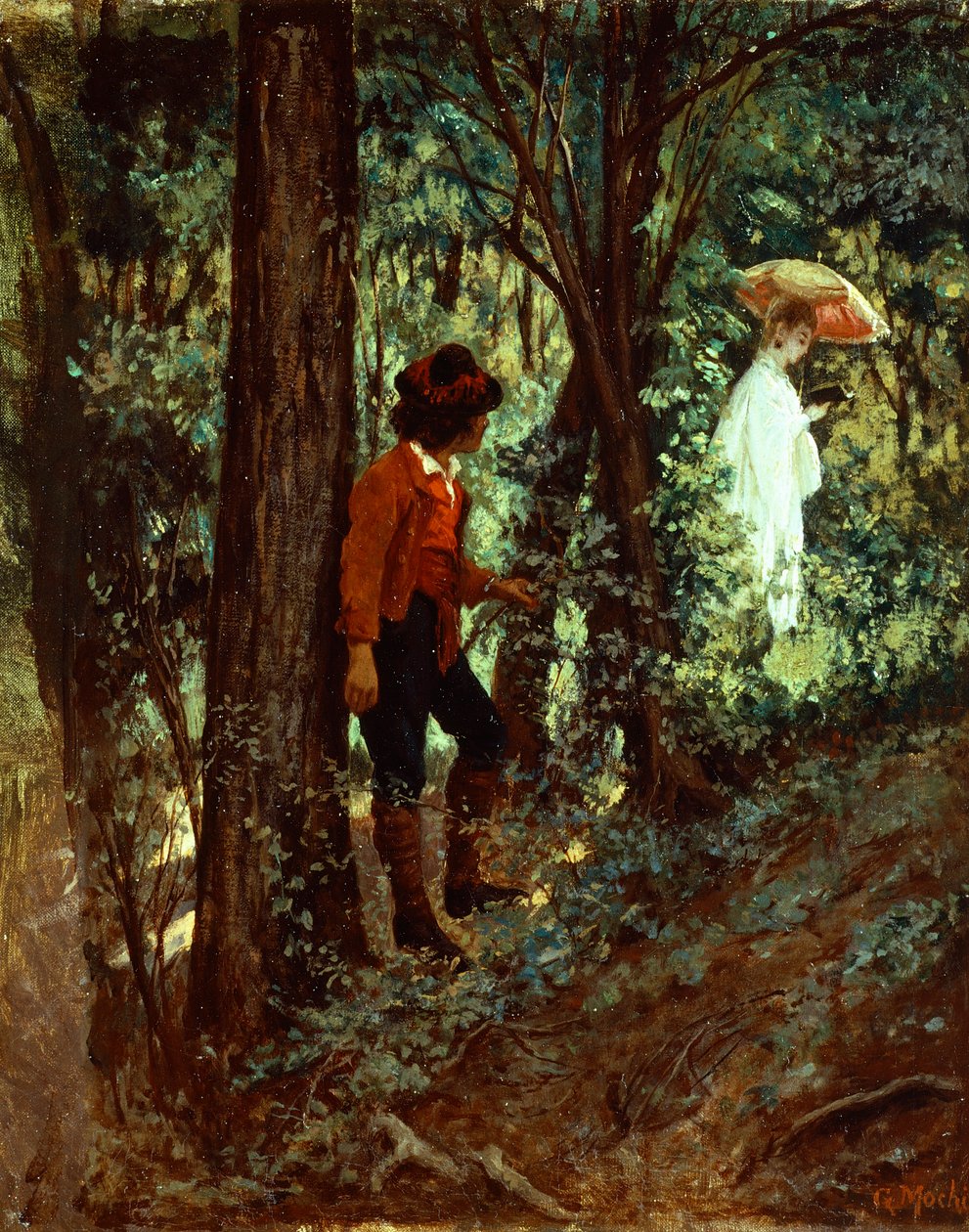 In woods af Giovanni Mochi (1829-1893), olie på lærred, 27x22 cm af Giovanni Mochi