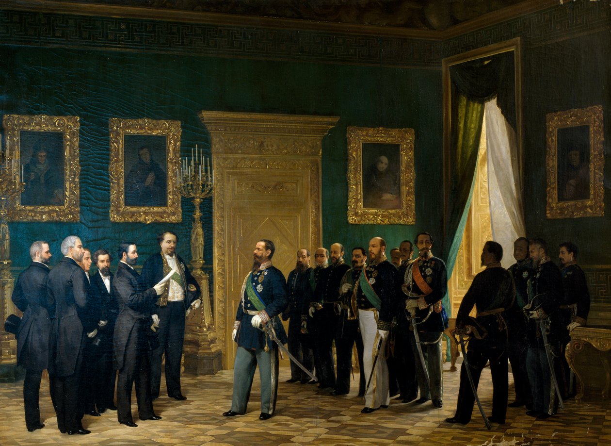 Victor Emmanuel II modtager toscanske repræsentanter med dekretet om annektering til kongeriget. Italien af Giovanni Mochi