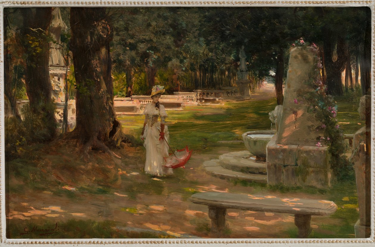 En tur i Villa Borghese (olie på panel) af Giovanni Muzzioli