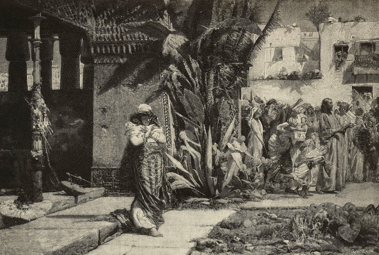 Magdalene, kvinde med turban og procession i mellemøstlig landsby, gravering af brødre Cantagalli fra maleri af Giovanni Muzzioli (1854-1894), Modena, Italien fra L