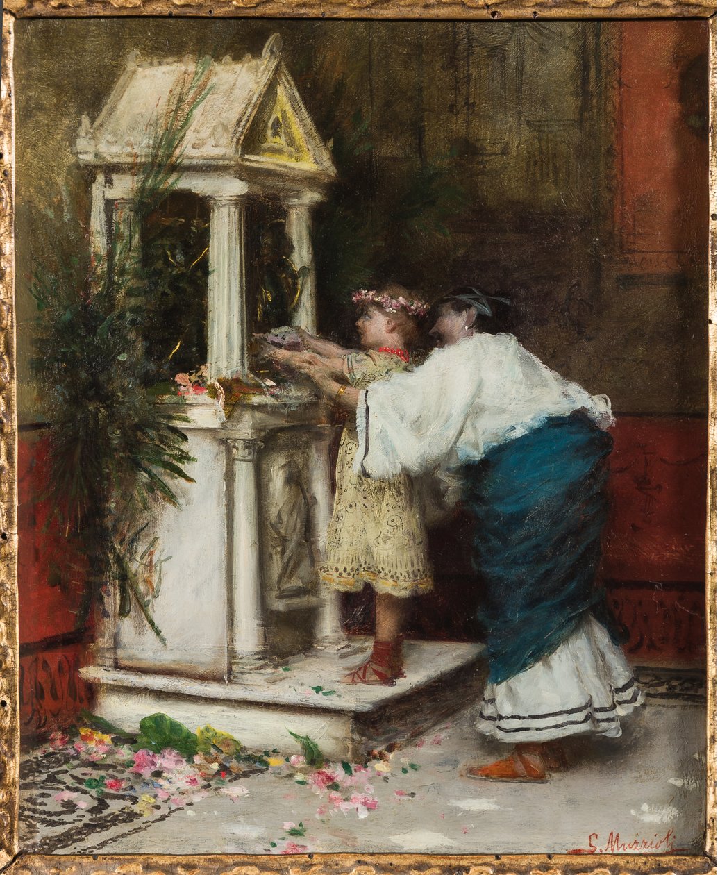 Mor og datter foran et lille tempel (olie på lærred) af Giovanni Muzzioli