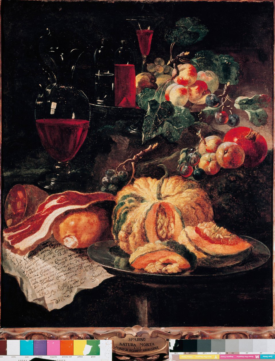 Stilleben Græskar, bacon, skinke, ferskner og vin. Maleri af Giovan Paolo Castelli dit Lo Spadino (1659-1730) 1703 Rom, Museum of the Conservatori capitolini af Giovanni Paolo Castelli