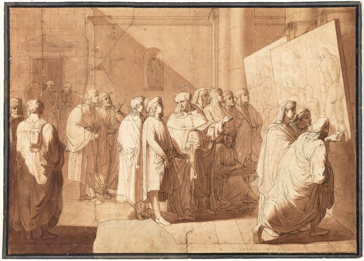 Fra Bartolommeo viser Rafael Leonardo og Michelangelos kartonner af Giovanni Paolo Lasinio
