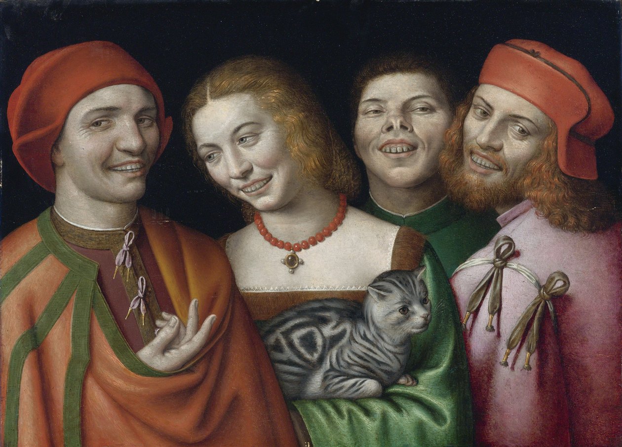 ""Portræt af tre mænd og en kvinde, der holder en kat"" (Tre mænd med en kvinde, der holder en kat) Maleri af Giovanni Paolo Lomazzo (1538-1600) Privat samling af Giovanni Paolo Lomazzo