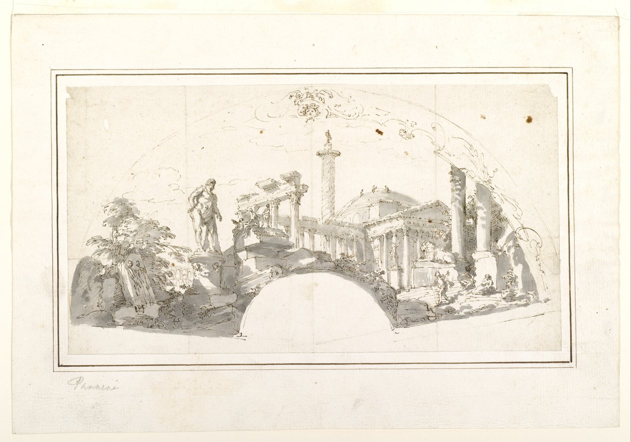 Design for a Fan: Capriccio med romerske ruiner og Farnese Hercules af Giovanni Paolo Panini