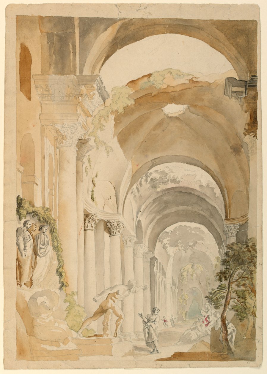 Tegning, Romerske ruiner med figurer, ca. 1745 af Giovanni Paolo Panini