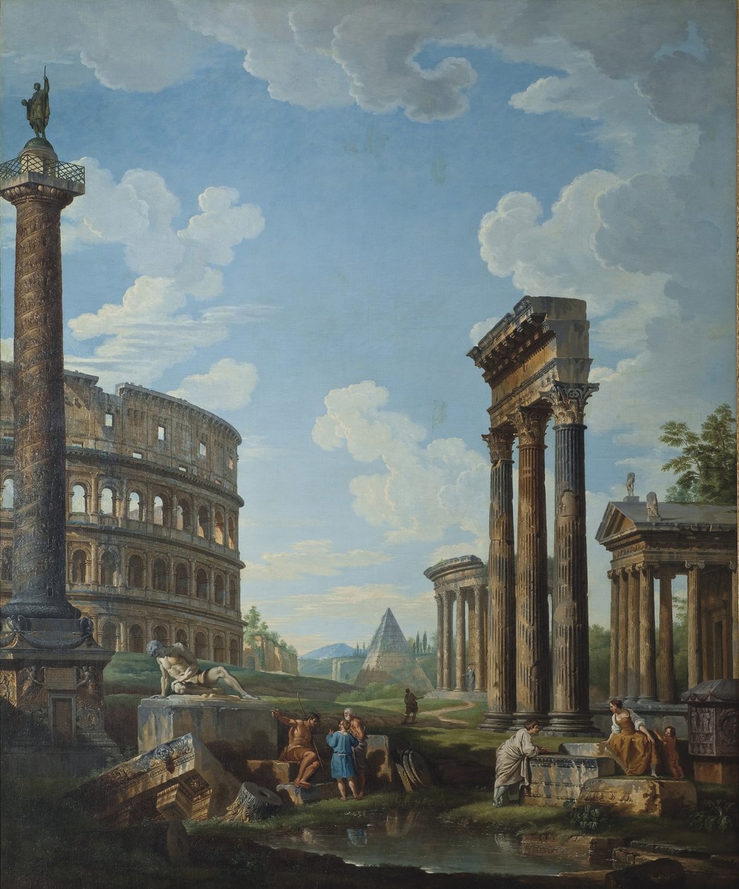 En capriccio med figurer blandt romerske ruiner, herunder Konstantinbuen og Pantheon af Giovanni Paolo Pannini