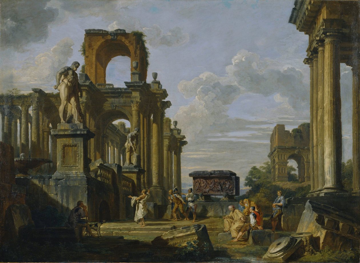 Arkitektonisk Capriccio fra Forum Romanum med filosoffer og soldater blandt gamle ruiner af Giovanni Paolo Pannini