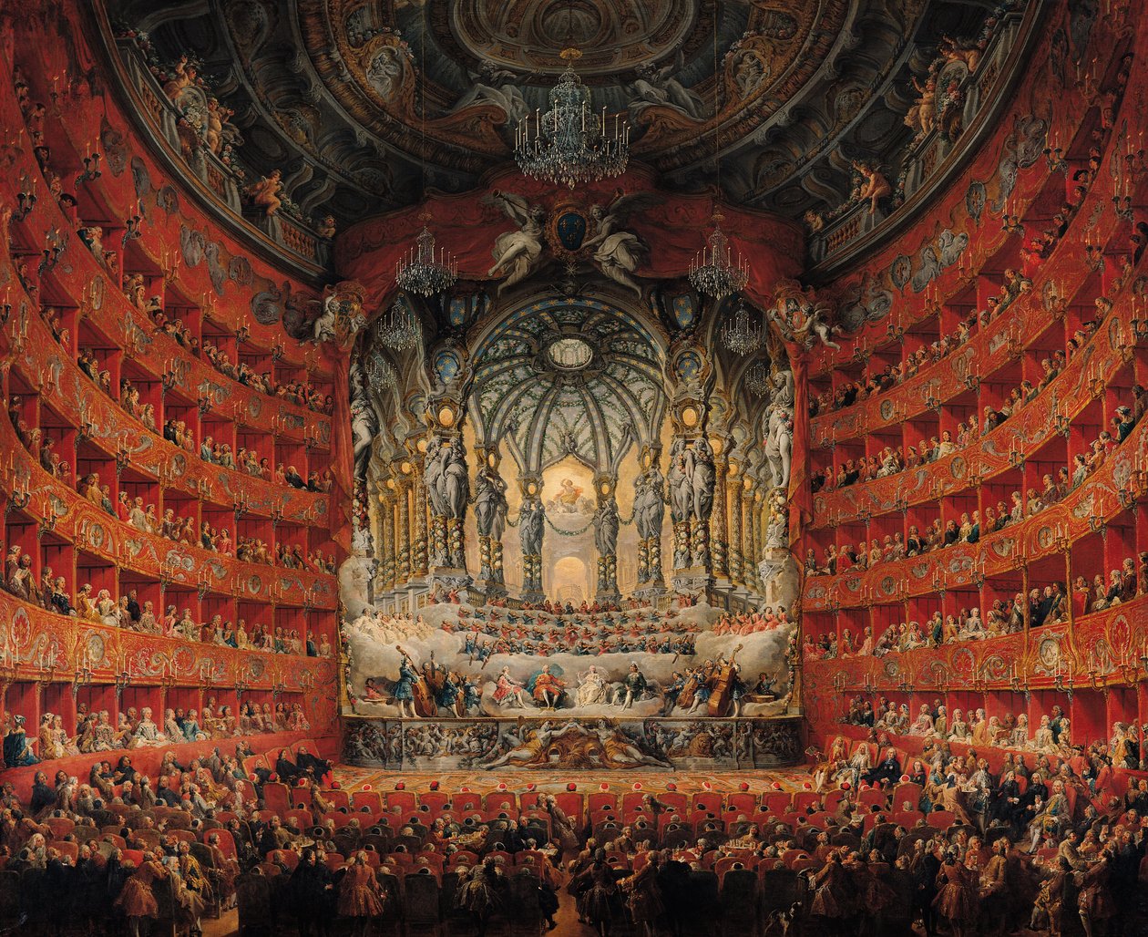 Koncert givet af kardinal de La Rochefoucauld på Argentina Theatre i Rom, om ægteskabet mellem Ludvig den Dauphin (1729-65), søn af Ludvig XV, til Marie-Josephe af Sachsen (1731-67), 1747 (olie på lærred) af Giovanni Paolo Pannini