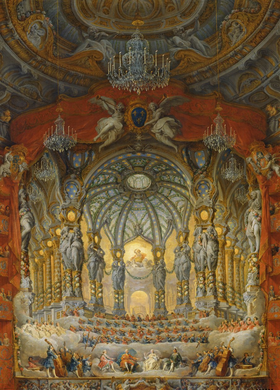 Koncert givet af kardinal de La Rochefoucauld på Argentina Theatre i Rom, om ægteskabet mellem Ludvig den Dauphin (1729-65), søn af Ludvig XV, til Marie-Josephe af Sachsen (1731-67), 1747 (olie på lærred) af Giovanni Paolo Pannini
