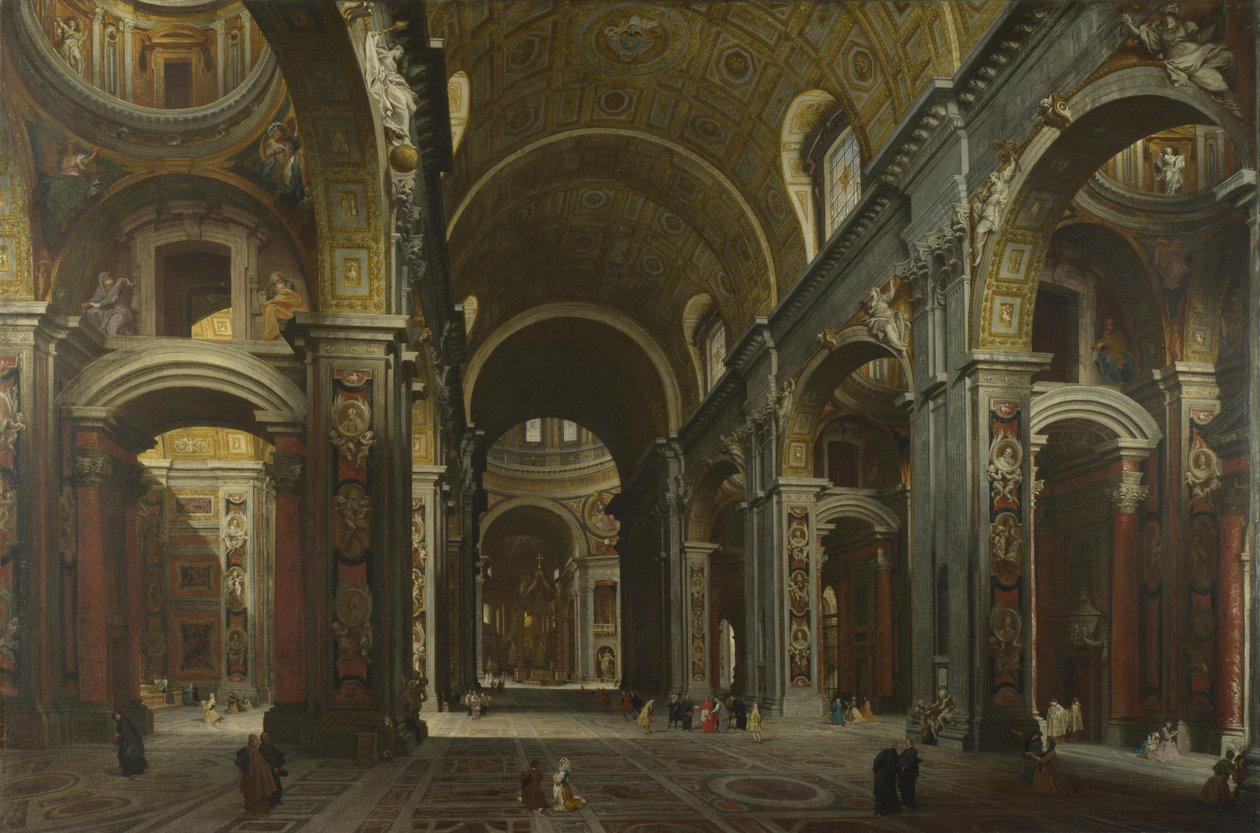 Interiør af Basilica of Saint Peter i Rom, før 1742 af Giovanni Paolo Pannini
