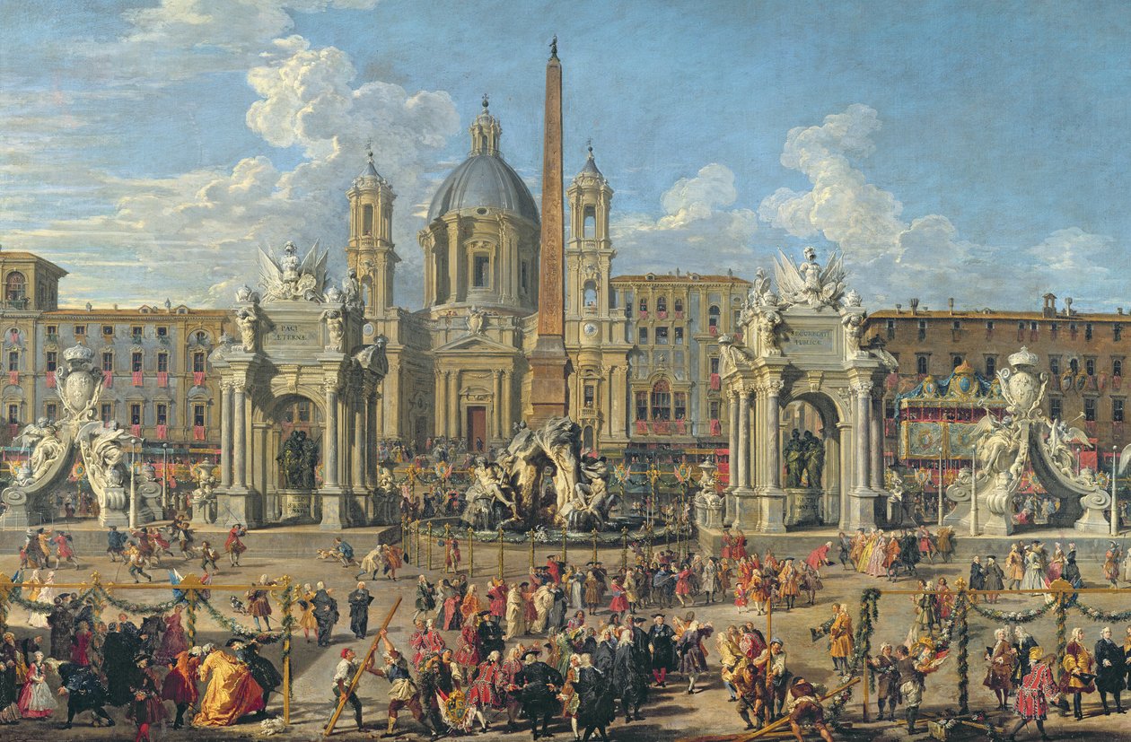 Forberedelse til fyrværkeriet afholdt på Piazza Navona, Rom, for at fejre Dauphinens fødsel, 1729 (detaljer fra 91023) af Giovanni Paolo Pannini