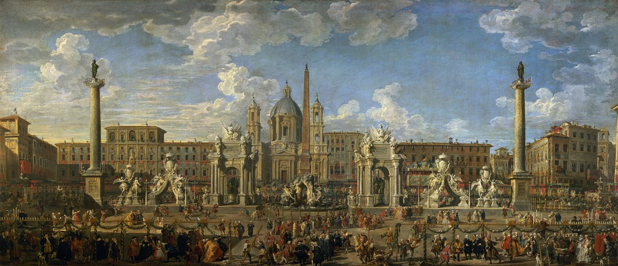 Forberedelse til fyrværkeri afholdt på Piazza Navona, Rom, for at fejre Dauphins fødsel, 1729 af Giovanni Paolo Pannini