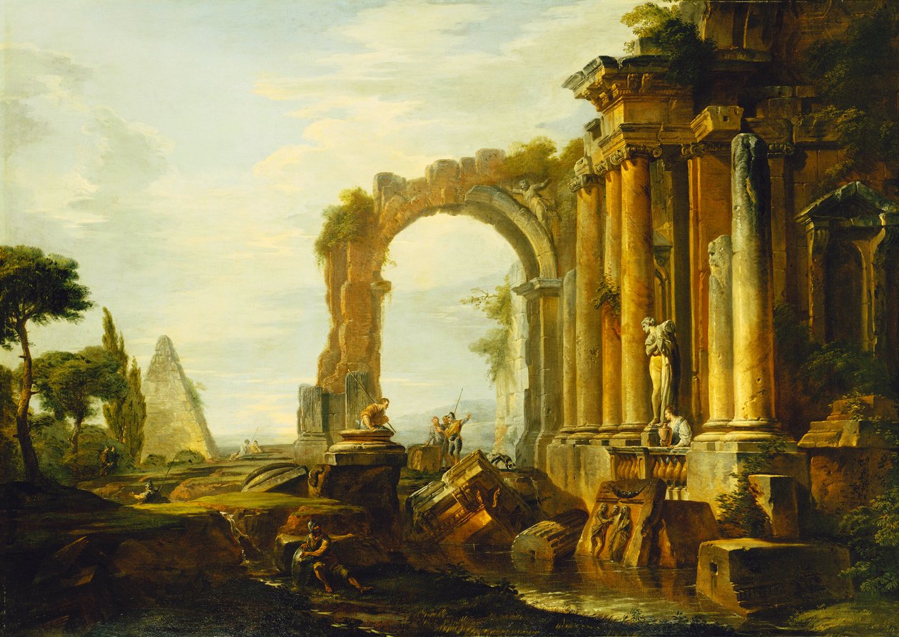 En Capriccio af klassiske ruiner med Cestius-pyramiden og figurer i et landskab, af Giovanni Paolo Pannini