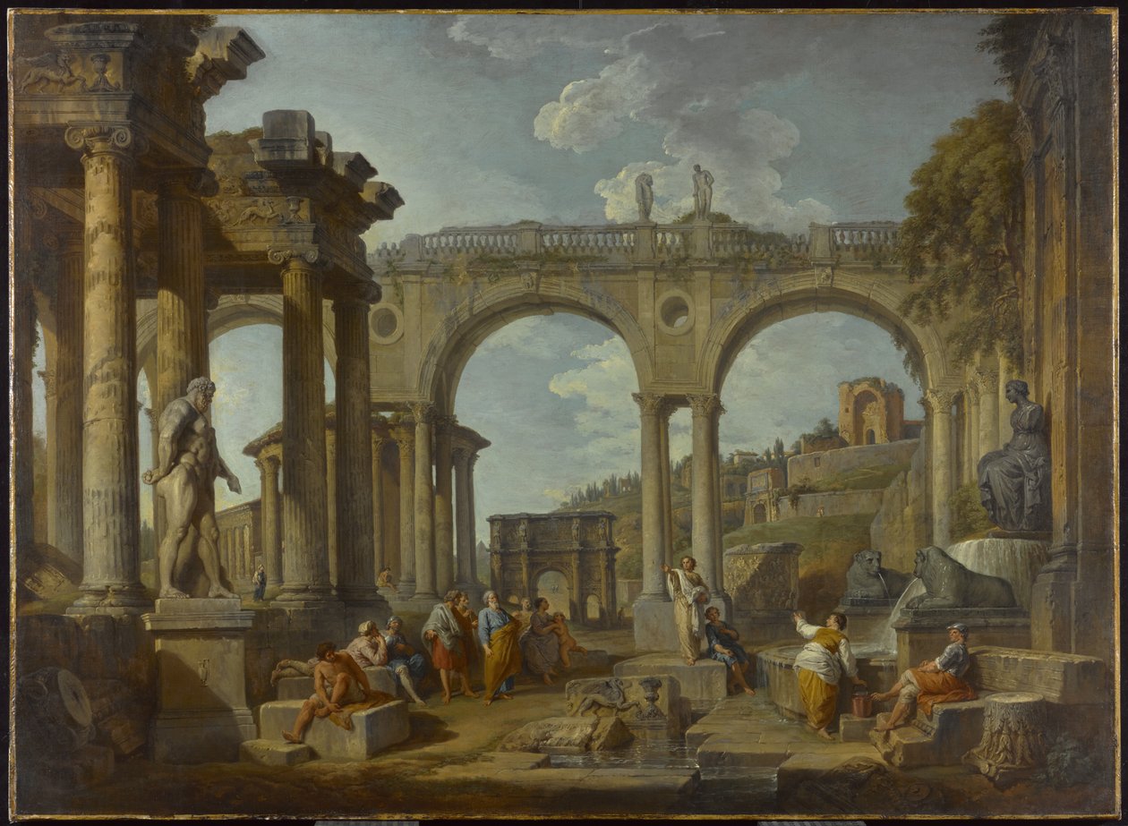En Capriccio af romerske ruiner med Konstantins bue, ca. 1755 af Giovanni Paolo Pannini
