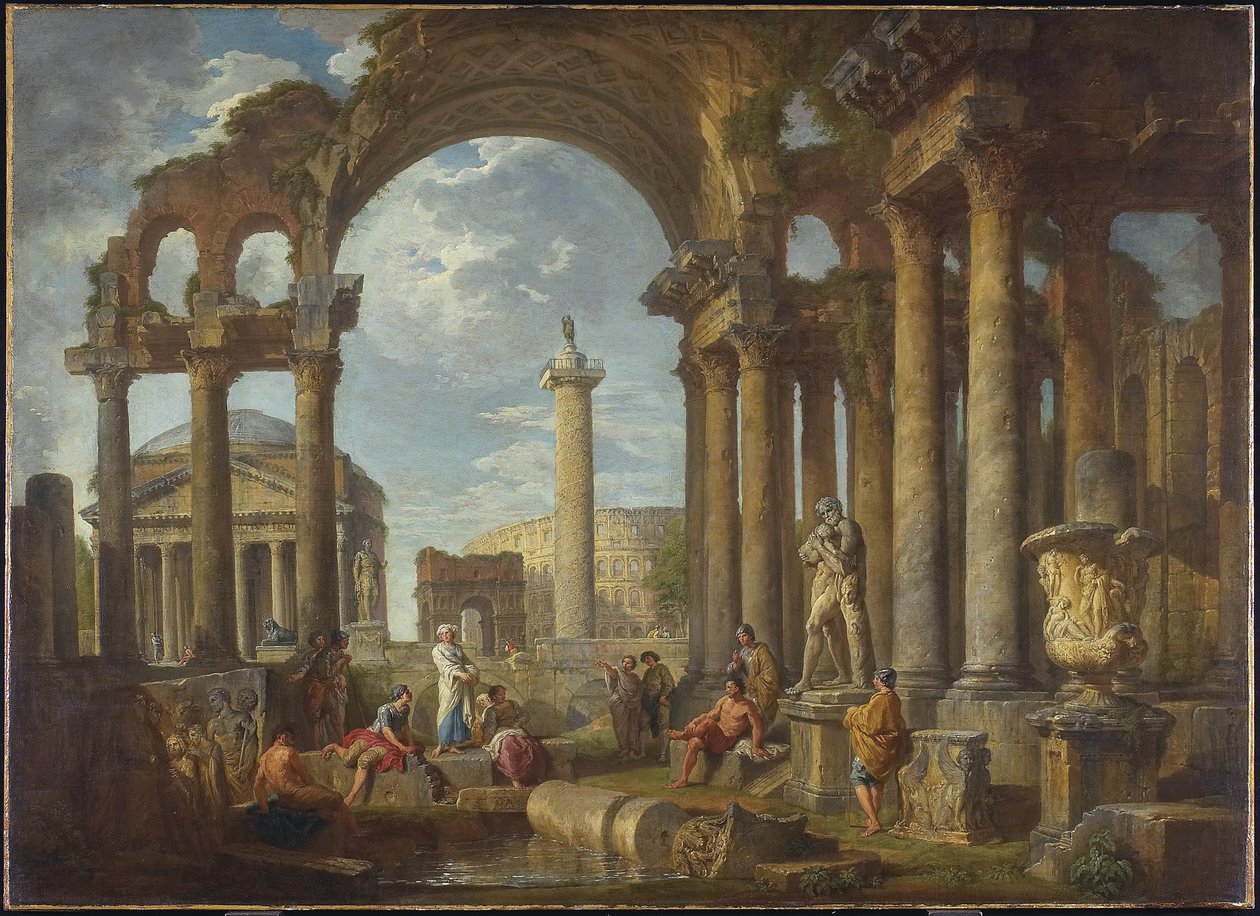 En Capriccio af romerske ruiner med Pantheon, ca. 1755 af Giovanni Paolo Pannini