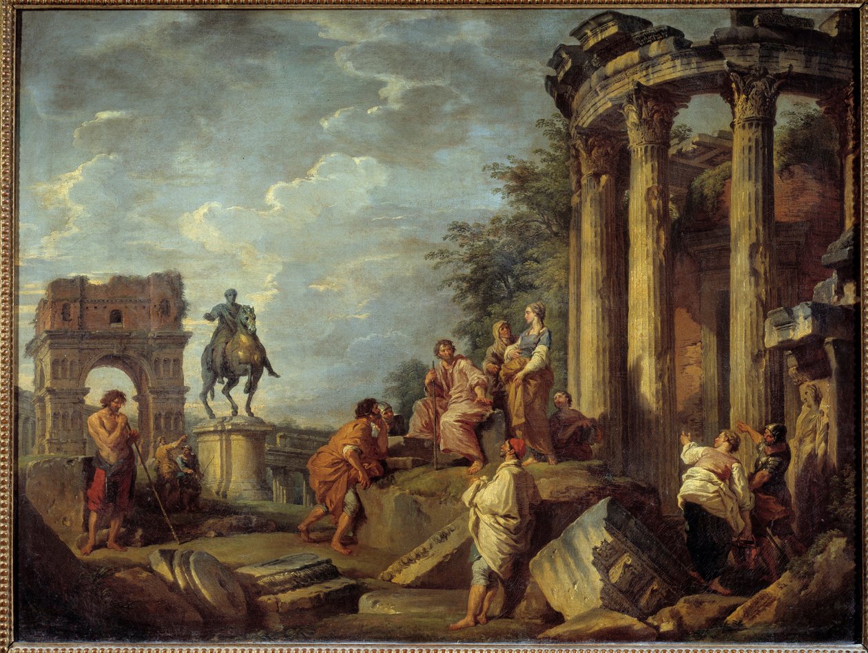 Arkitektoniske ruiner med Janus-buen, Vesta-templet og statuen af Marc Aurele (Marco Aurelio) Maleri af Giovanni Paolo Pannini (Panini) (1691-1765) 1700-tallet søn. 0,79x0,87 m af Giovanni Paolo Pannini