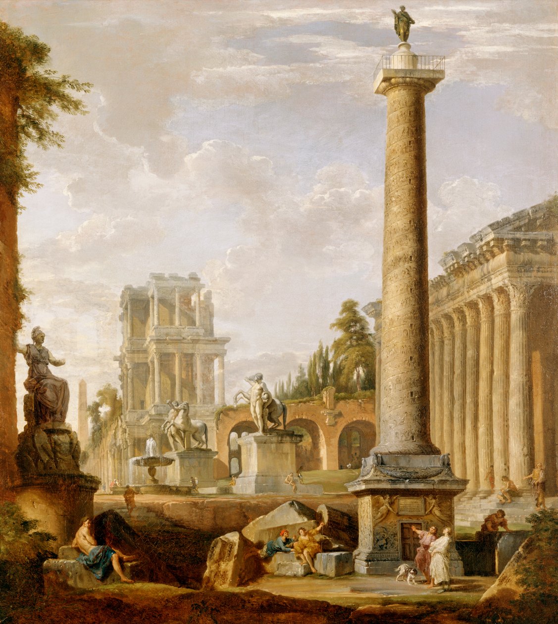 Capriccio af romerske ruiner med Trajans søjle (olie på lærred) af Giovanni Paolo Pannini