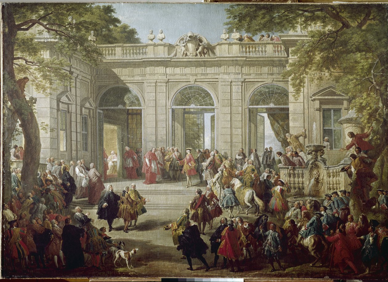 Karl III af Spanien eller Karl af Bourbon, konge af Napoli (1716-1788) besøger pave Benedetto XIV i kaffehuset i Quirinale-paladset (Quirinal) Maleri af Giovanni Paolo Pannini (1691-1765) 1746 Napoli, Capodi National Museum af Giovanni Paolo Pannini
