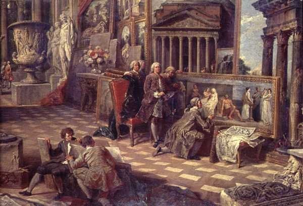 Detalje af interiøret i et imaginært billedgalleri af Giovanni Paolo Pannini