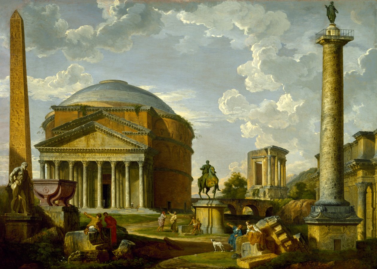 Fantasiudsigt med Pantheon og andre monumenter i det antikke Rom af Giovanni Paolo Pannini