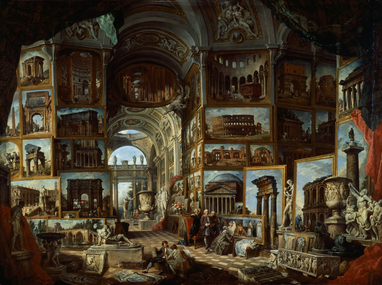 Imaginært galleri med udsigt over det antikke Rom, ca 1756, af Giovanni Paolo Pannini (1691-1765), olie på lærred af Giovanni Paolo Pannini