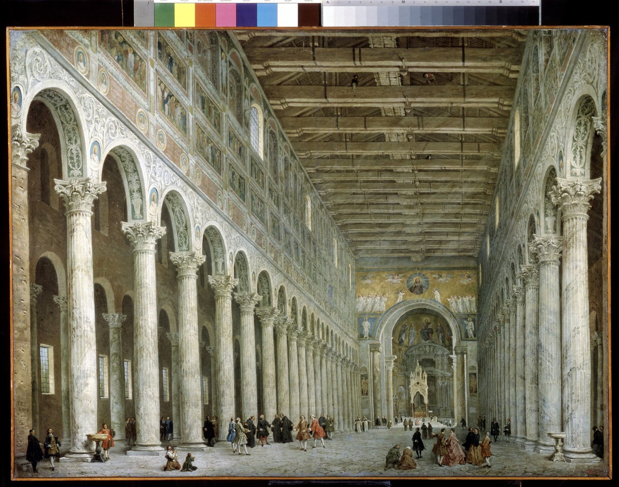 Interiør af Basilica of Saint Paul uden for murene i Rom. Interiør af Basilica of St. Paul uden for murene i Rom. Maleri af Giovanni Paolo Panini (eller Pannini af Giovanni Paolo Pannini
