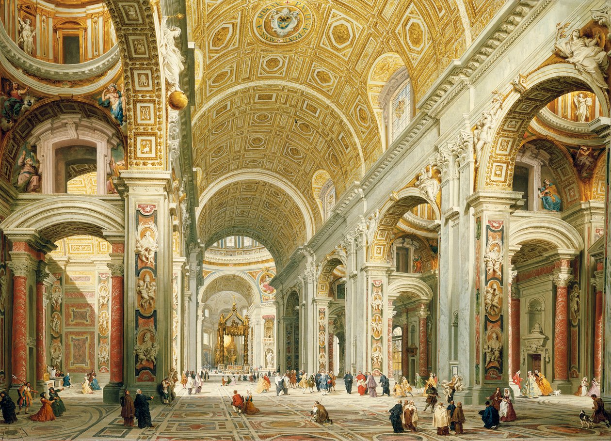 Interiør af Sankt Peters Rom, med udsigt mod vest mod St. Peters grav af Giovanni Paolo Pannini