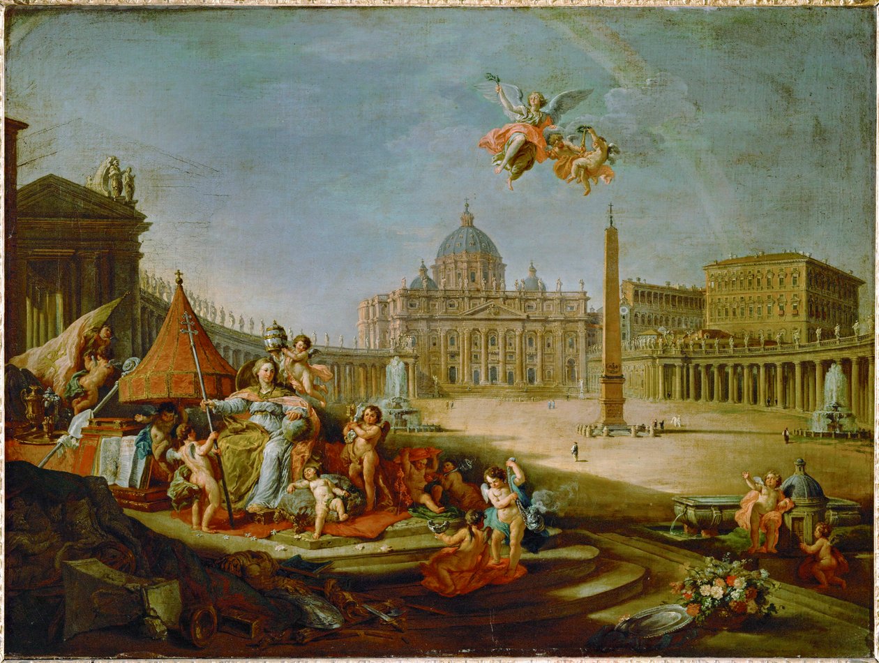 Peterspladsen med allegorien om pavedømmets triumf ... af Giovanni Paolo Pannini or Panini