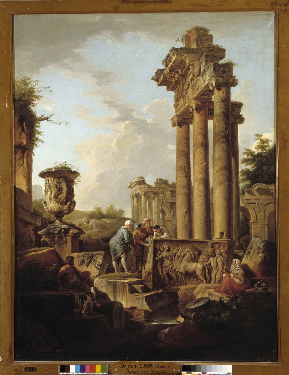 Landskab af romerske ruiner med rester af Saturns tempel eller "arkæologen" (olie på lærred) af Giovanni Paolo Pannini