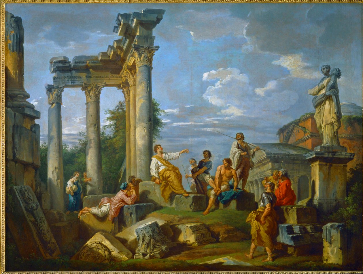 Rovdyr midt i ruiner i Rom beriget med figurer, med Pantheon og statuen af Flora ... (maleri på lærred) af Giovanni Paolo Pannini or Panini