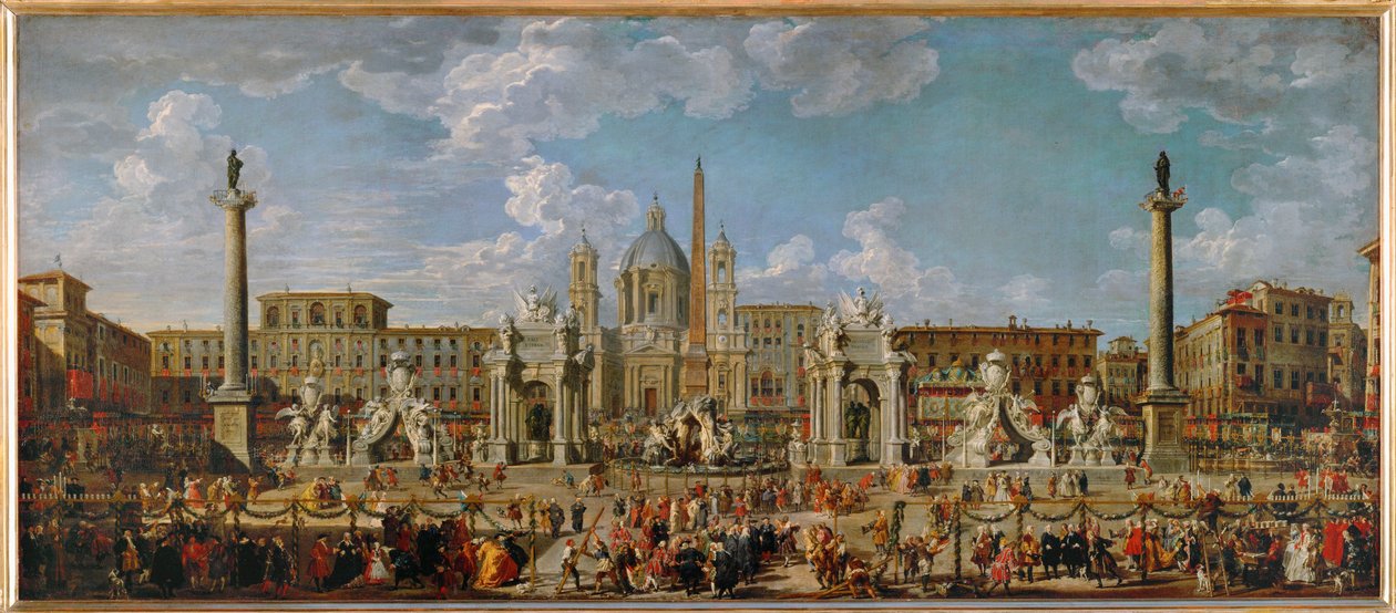 Forberedelser til fyrværkeri og dekorationer til festlighederne på Piazza Navona i Rom den 30. november ... af Giovanni Paolo Pannini or Panini