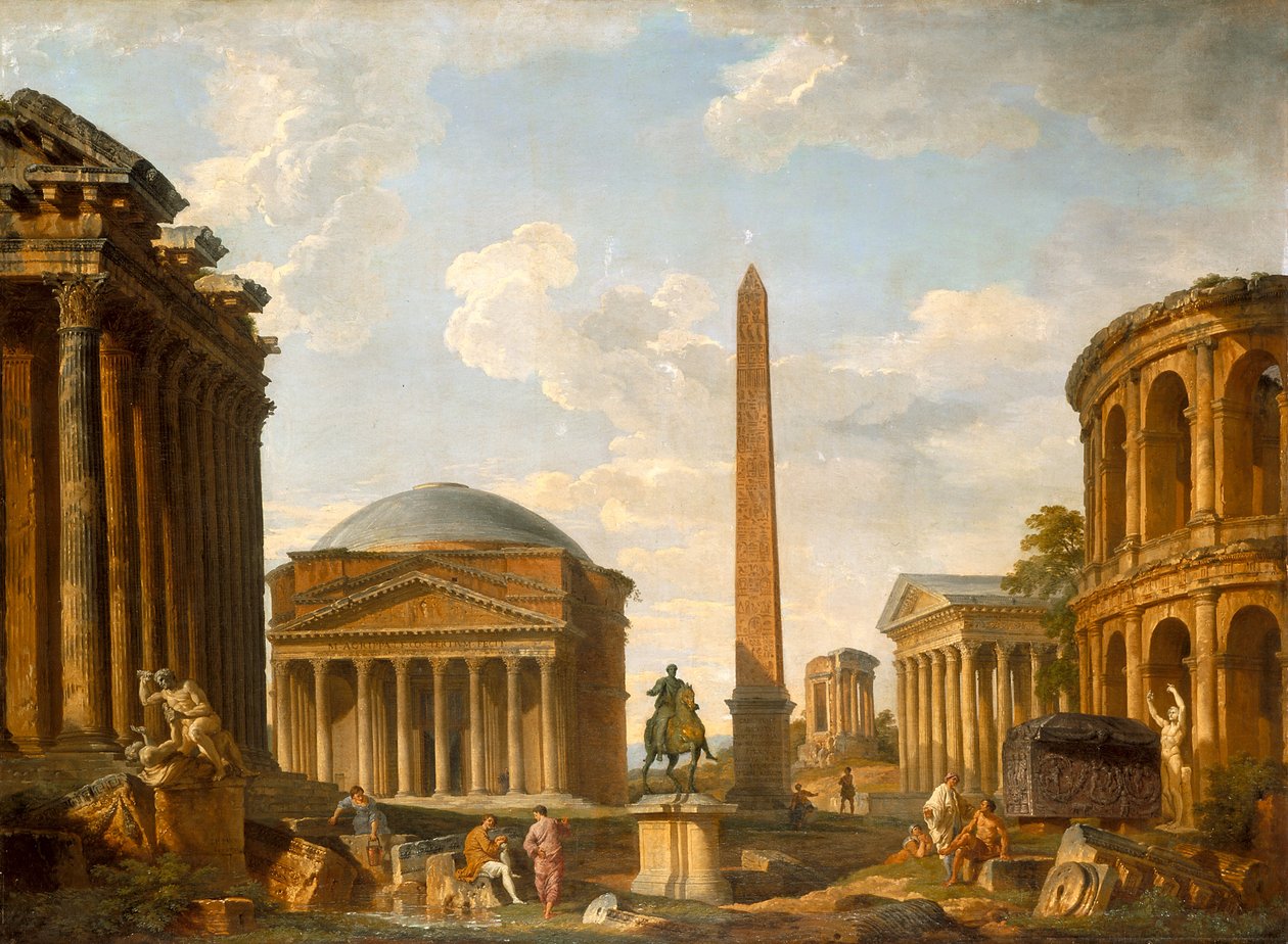 Roman Capriccio: Pantheonet og andre monumenter (olie på lærred) af Giovanni Paolo Pannini