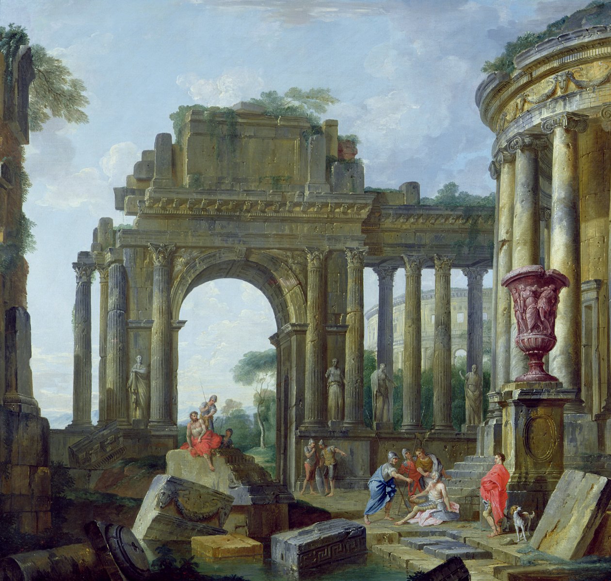 Romerske ruiner med de blinde Belisarius (olie på lærred) af Giovanni Paolo Pannini