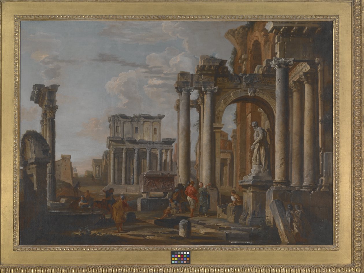 Ruiner med Antoninus og Faustinas tempel (olie på lærred) af Giovanni Paolo Pannini