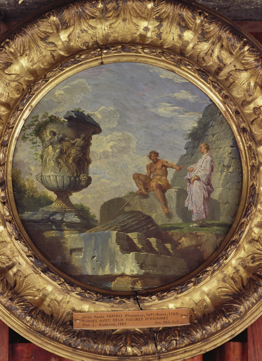 Ruiner med to mænd, ca. 1750-60 (olie på kobber) af Giovanni Paolo Pannini