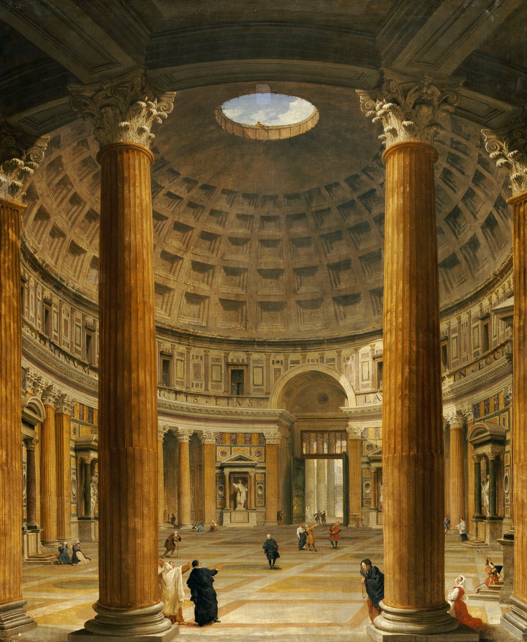 Det indre af Pantheon, Rom, ser mod nord fra hovedalteret til indgangen, 1732 af Giovanni Paolo Pannini
