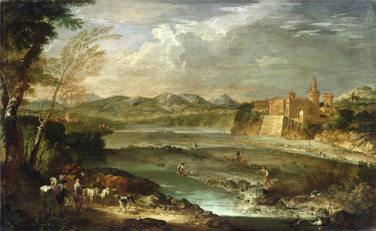 Trebbias dal med slottet Rivalta, ca. 1720 af Giovanni Paolo Pannini