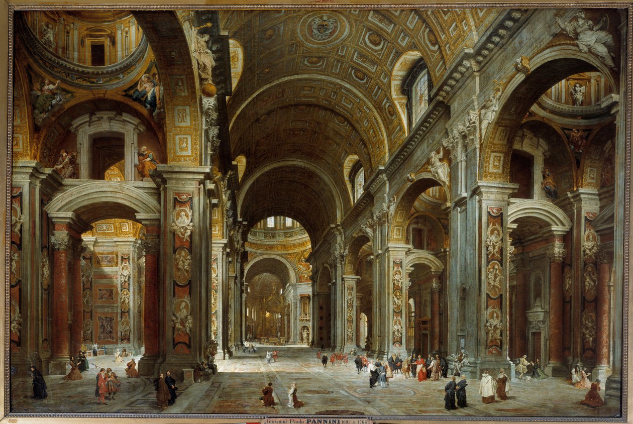 Prælaten, diplomaten og digteren Melchior de Polignac (1661-1741) besøger Basilikaen Sankt Peter af Rom Maleri af Giovanni Paolo Pannini (Panini) (1691-1765) 1730 Dim 1,5x2,25 m - Prælaten, diplomaten og digteren Melchior de Polignac (1661-1741) på besøg af Giovanni Paolo Pannini