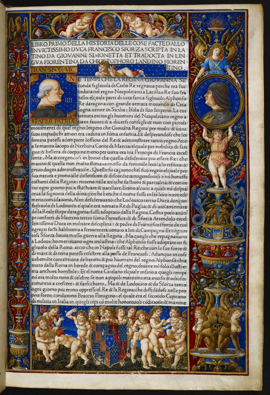 Frontispice, fra Giovanni Simonetta, Historia over de ting, der er udført af invictissimo hertug Francesco Sforza [såkaldt Sforziade], Milano, Antonio Zarotto af Giovanni Pietro Birago