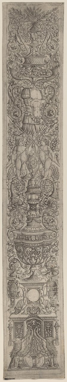Ornamentpanel: Griffiner og to amoriner, der krydser hellebarder af Giovanni Pietro Birago and Zoan Andrea